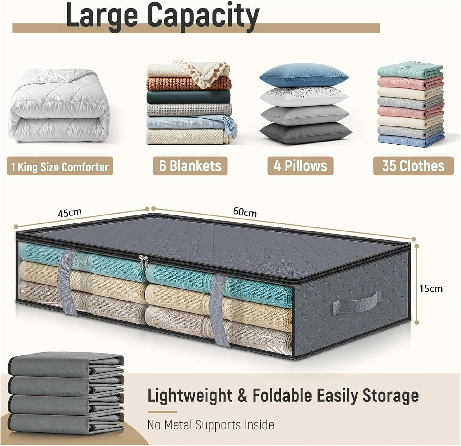 2Pcs Underbed Storage Bags,Foldable Large Underbed Storage Organiser Containers, Window Fabric Clothes Storage Boxs with Zips and Reinforced Handle for Blanket，Comforter/Bedding/Quilts image number 1