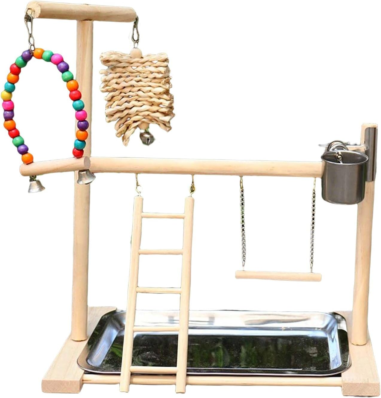 Pet Parrot Playstand Playground with Feeder Wood Perch Gym Playpen Climbing Ladder Toys for Budgie Cockatiel Parakeet image number 5