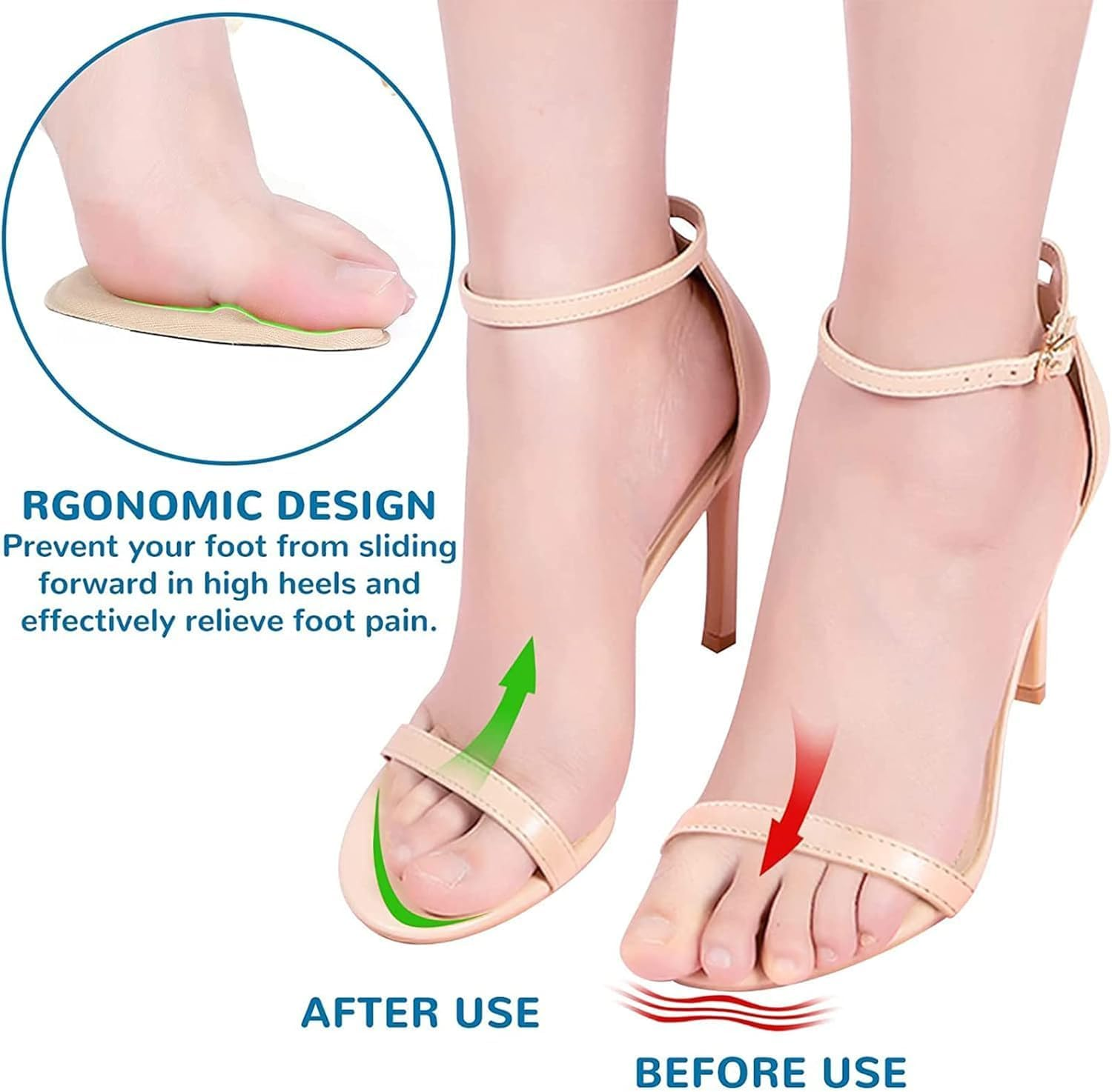 LLCFA 2 Pairs Reusable Anti-Slip High Heel Cushion Inserts Pads - Blister Prevention Foot Insoles for Loose/Oversized Shoes, One Size Fits All image number 2