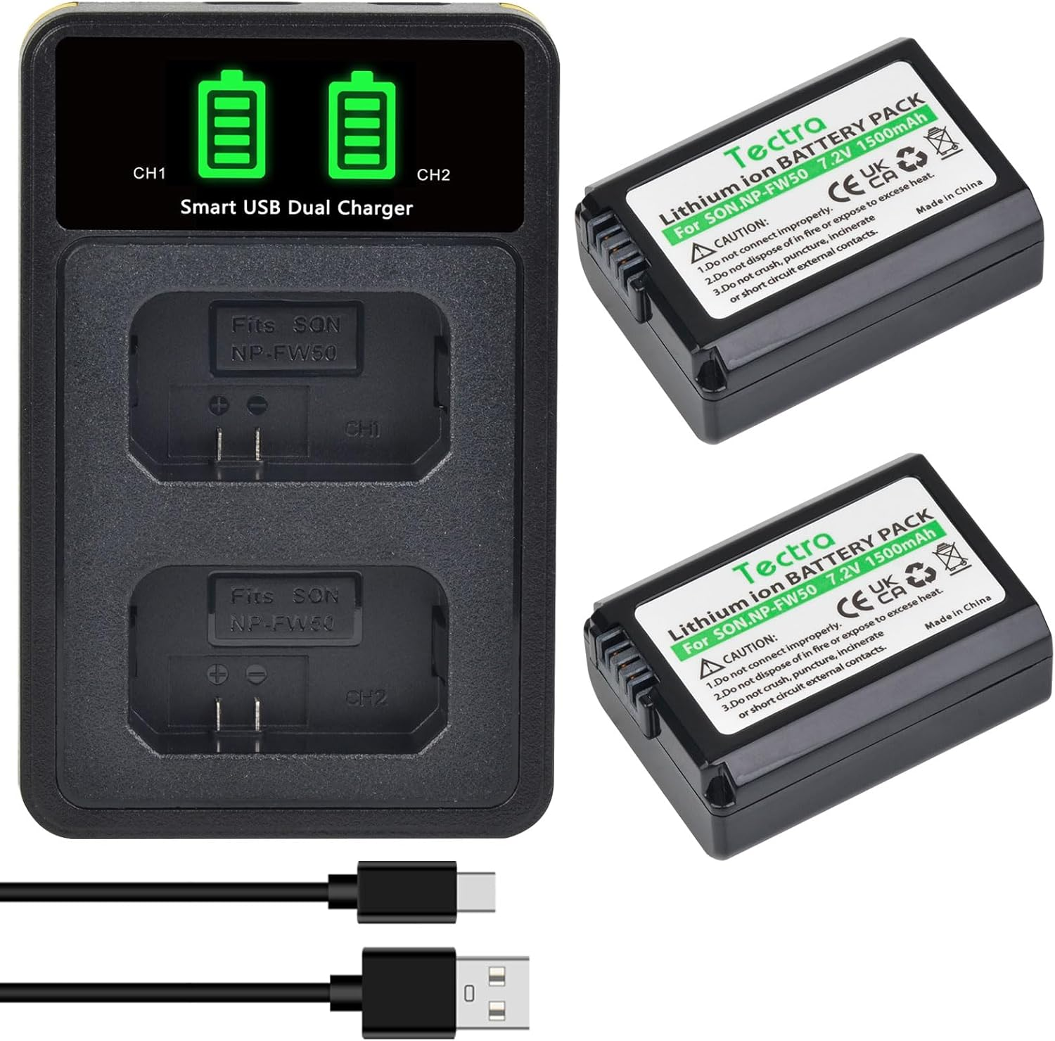 Tectra 2-Pack NP-FW50 Battery and LED Dual Charger for Sony ZV-E10, Alpha A6000, A6300, A6400, A6500, A5000, A5100, A7, A7II, A7RII, A7SII, A7S, A7S2, A7R, A7R2, A55, RX10 II III Camera image number 1