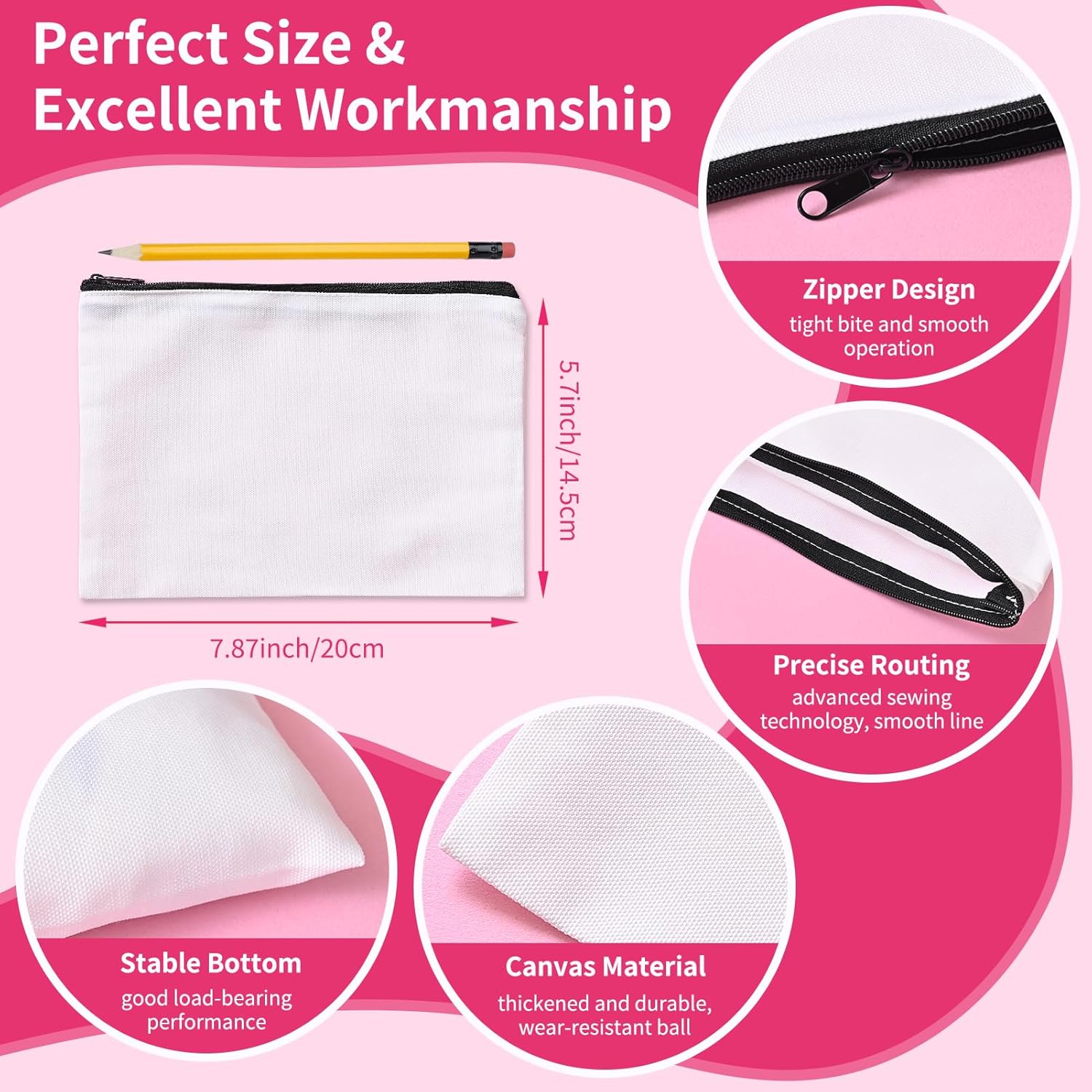 AMDAILY Sublimation Blank Canvas Makeup Bags, Bulk Blank DIY Heat Transfer Cosmetic Makeup Bags W/Black Zipper, White, 7.87 X 5.7 Inch 50