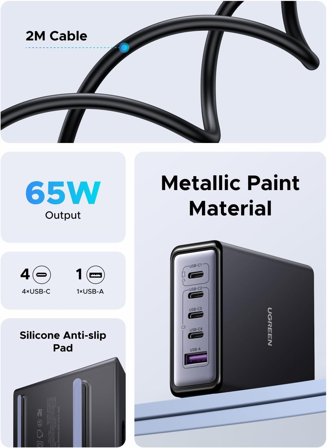 UGREEN 65W USB C Charger, 5 Ports Desktop Charger Nexode Gan II Charging Station, Fast Laptop Power Adapter for Macbook Air/Pro, Iphone 17 Pro Max, Galaxy S25 Ultra(Pps 45W) Pixel 10, Ipad, Steam Deck image number 5