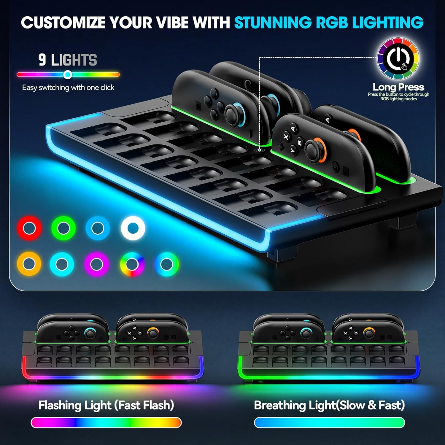 Switch 2 Organiser Station for 2025 NS2 Controllers & Console, Magnetic Switch 2 Controller Charger Dock with 9 RGB Modes, Switch 2 Joycon Charging Dock with 16 Game Card Slots, NS2 Storage Organizer
