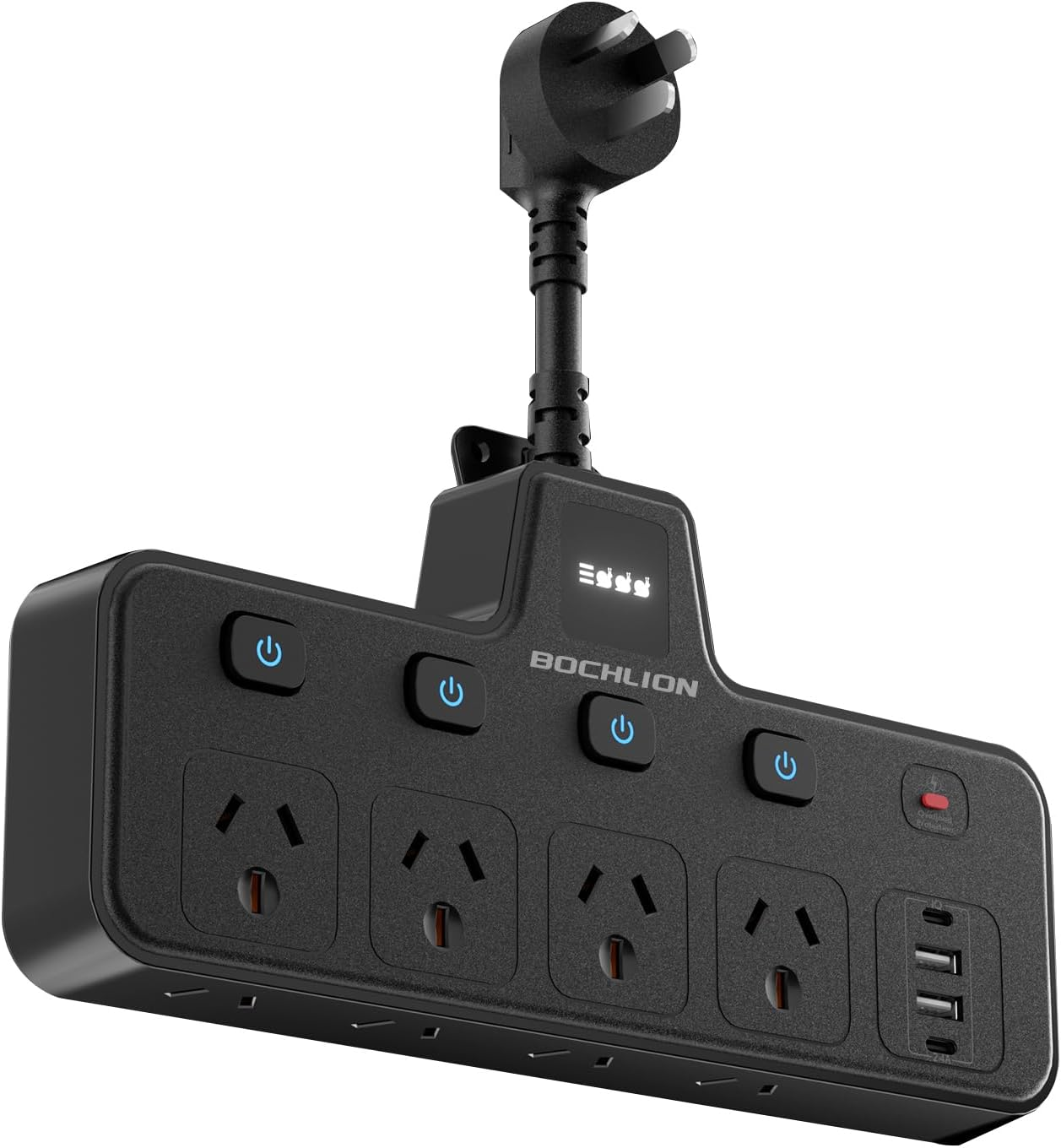 BOCHLION Power Strip with Independent Switches and Night Light Features Plug Extension Socket with 4 USB Ports (2 USB C and 2 USB A), Household Wall Socket Plug Extender, Travel. (Black) image number 1