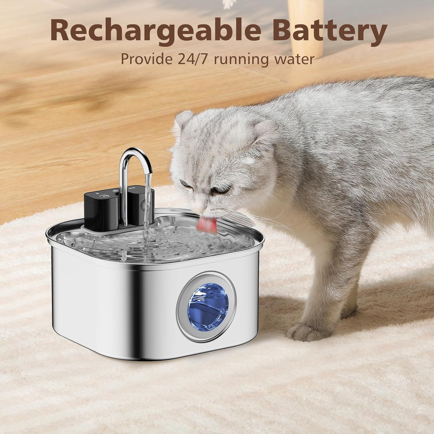 Cordless Cat Water Fountain Stainless Steel, 3.2L Automatic Wireless Pet Drinking Fountain Battery Operated with Water Level Window for Cats Dogs image number 1