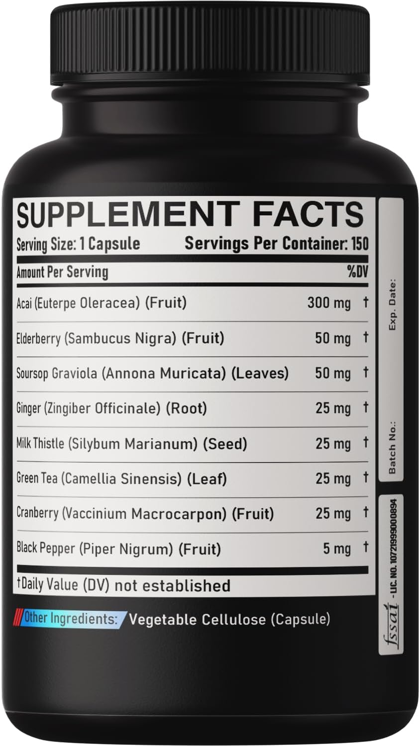 DEDICAD Acai Berry Extract Capsules - 5 Month Supply - Herbal Complex Supplement - plus Elderberry, Milk Thistle, Green Tea, Black Pepper - 150 Counts