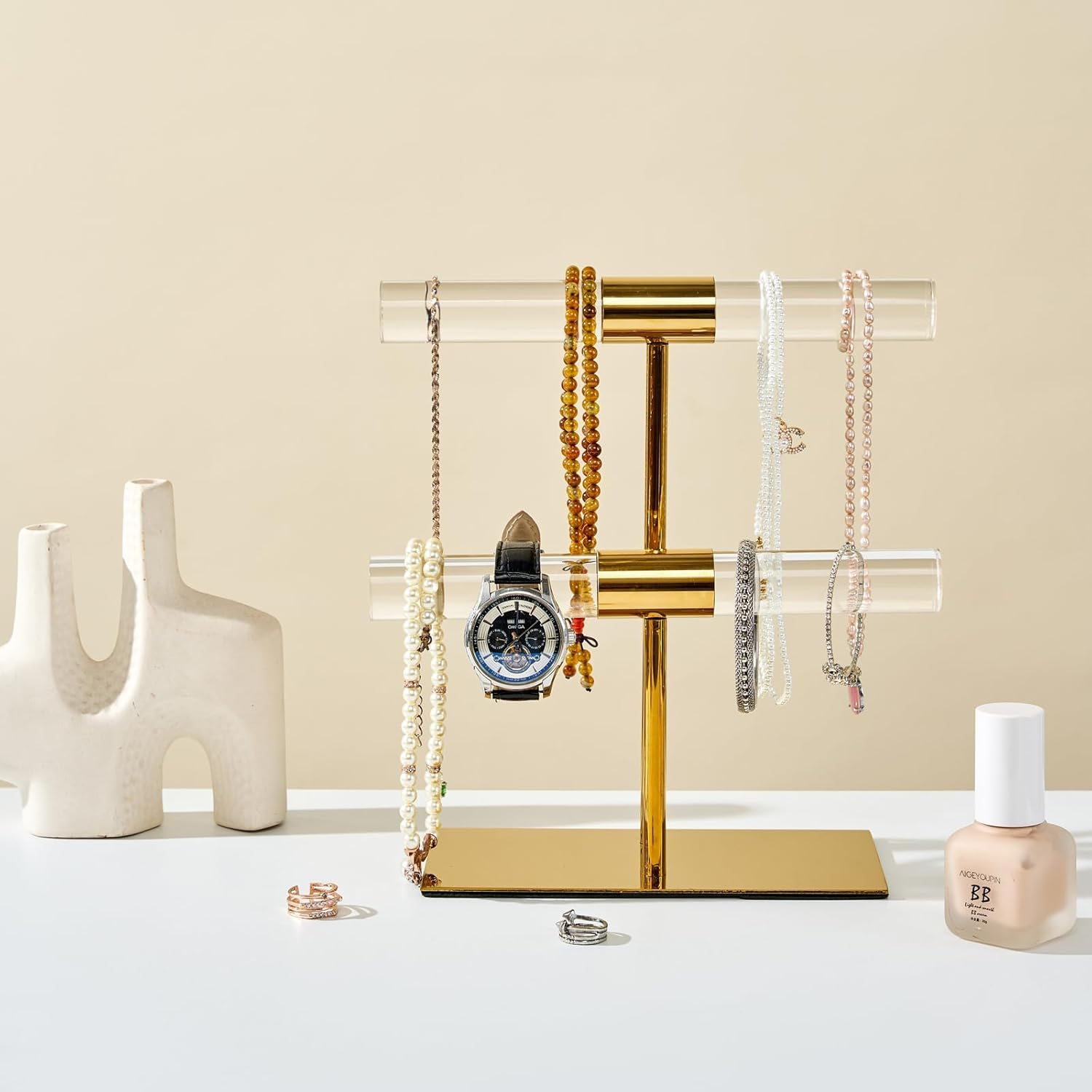 UPAUS Display Stand Acrylic Jewelry Towers, 2-Tier Gold Stainless Steel Jewelry Display Stand, Crystal T Bar Jewelry Organizer, Long Necklaces Stand Holder, Home Decor for Store Boutique Vendors image number 2