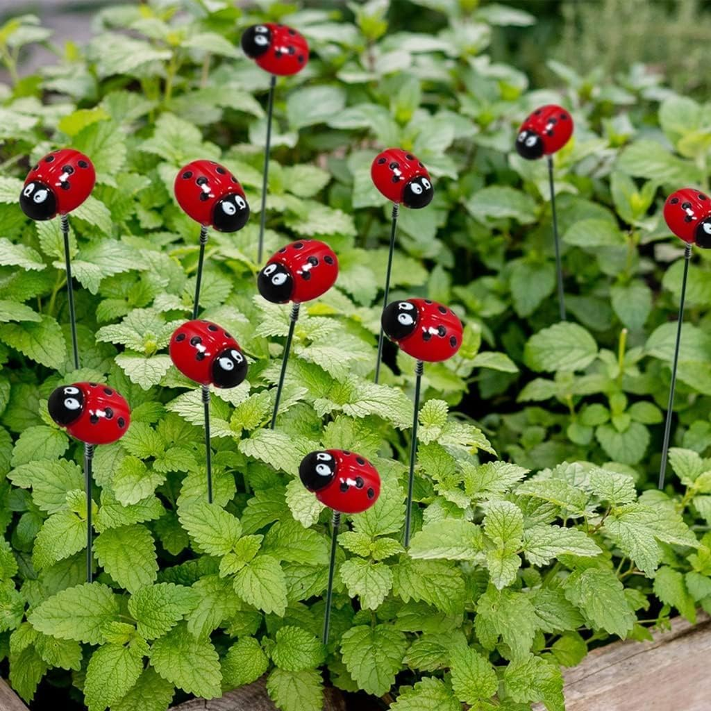 Bee and Ladybug Garden Stakes Outdoor Flower Bed Accessories Insect Art for Plants Honeybee and Bee Decor for Spring Lawn and Patio (10Pcs Bee +10Pcs Ladybug)