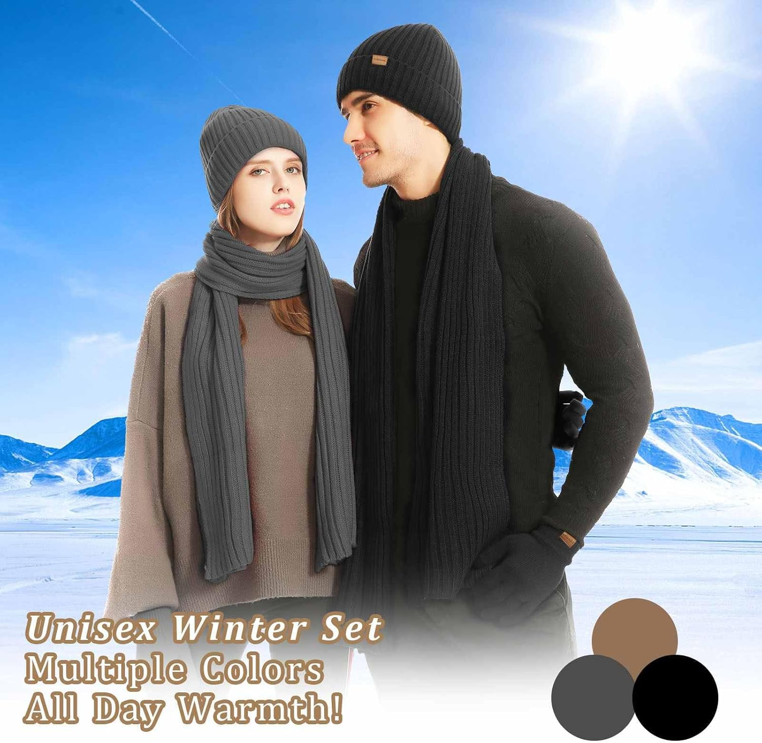 LOKZEER Winter Hat Scarf Gloves Set for Men Women - Warm Knit Beanie with Fleece Lining, Touchscreen Gloves with Non-Slip Silicone Palm, Thick Knitted Long Scarf, Warm Cold Weather (One Size) image number 5