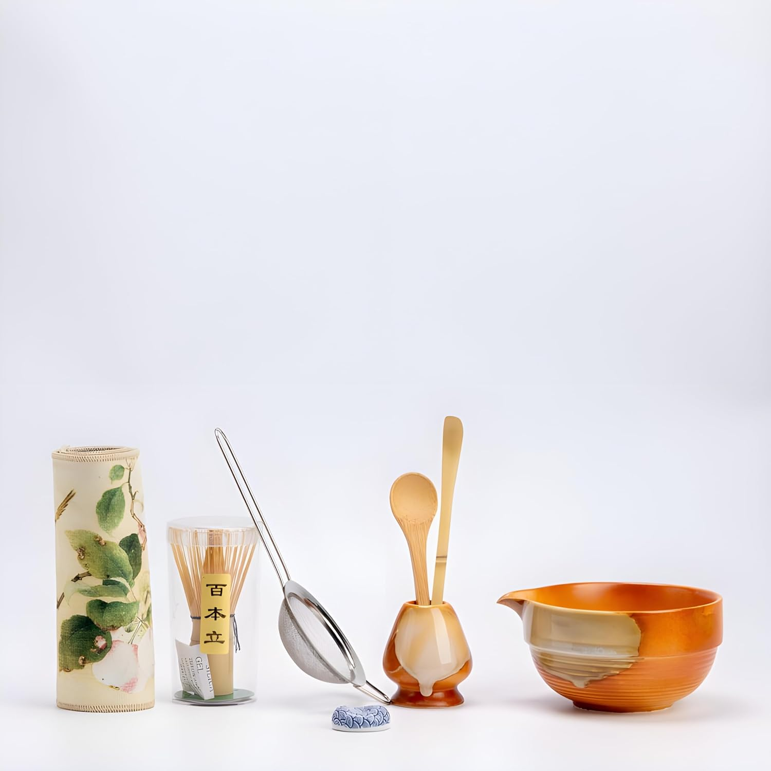 Matcha Whisk Set &ndash; 9 Pieces Including Gift Box &ndash; Japanese Ceremonial Green Tea Kit with Bamboo Whisk, Chasen Holder, Scoop, Sifter, Spoon, Cloth Wrap & Ceramic Bowl &ndash; Complete Matcha Set