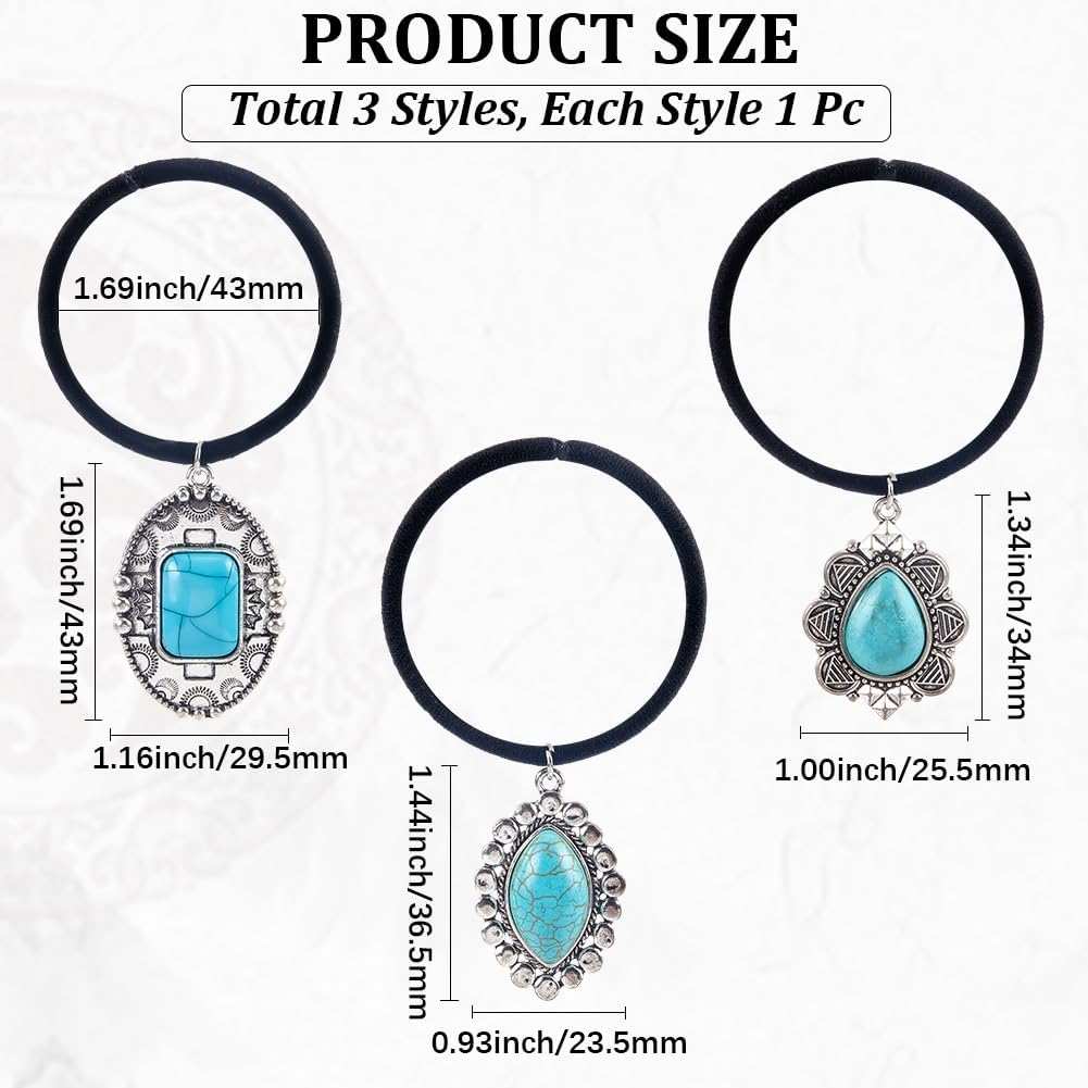 CABODYALS Pack of 3 3 Styles Western Style Turquoise Decorative Hair Bobbles Bracelet Vintage Boho Metal Ponytail Holder Cowgirl Elastic Hair Bands Rope for Women Party Outfit Dresses Accessories image number 6