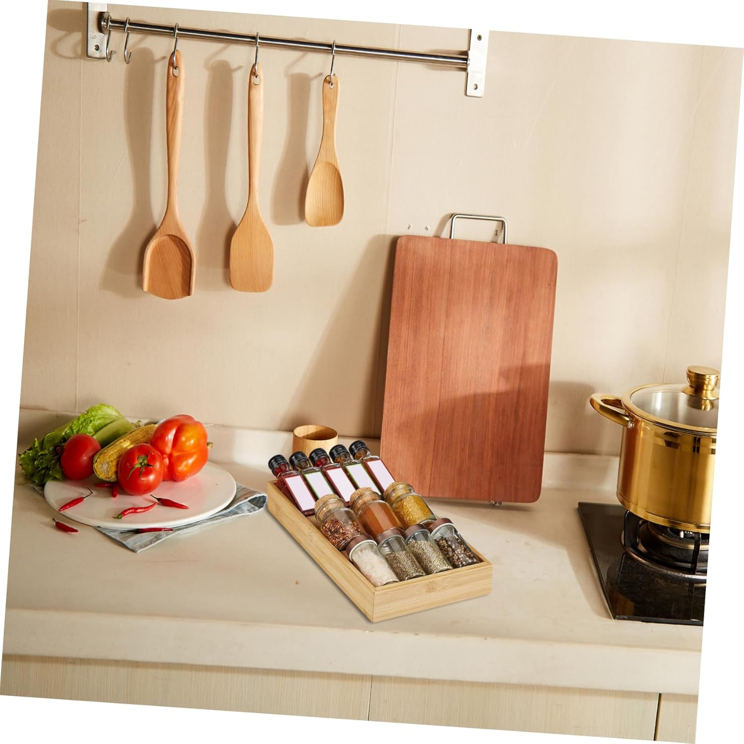 Hoement Bamboo Spice Rack 3-Tier Kitchen Organizer Spice Shelf for Seasoning Bottles Storage Countertop and Cabinet Condiment Holder image number 2