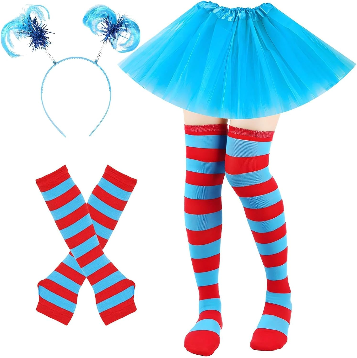 Fayrvind Red and Blue Costume Set for Woman Include Blue Tutu Skirt Striped Socks Stretchy Gloves Ponytails Headband Halloween Costumes Outfits Accessories Book Week Costume