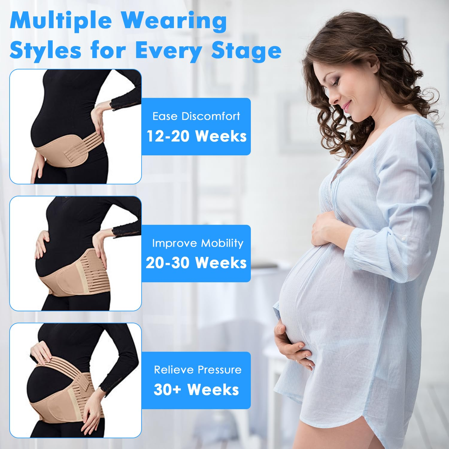 Yakiter Maternity Belt, 3 in 1 Pregnancy Belly Support Band, Waist/Back/Abdomen Band, Breathable Mesh, Gentle Compression, Ultra Soft, Pain Relief (Beige) image number 3