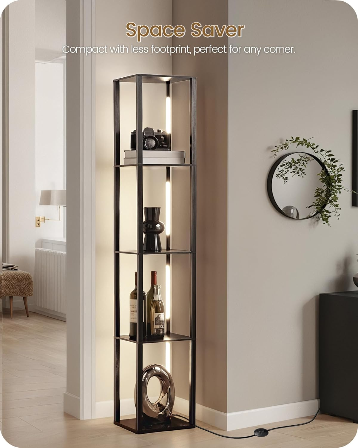 LED Floor Lamp with Shelves, Modern Corner Shelf with Light, LED Floor Lamp with Remote for Living Room, Stepless Dimmable Standing Tall Light for Bedroom, Office image number 1