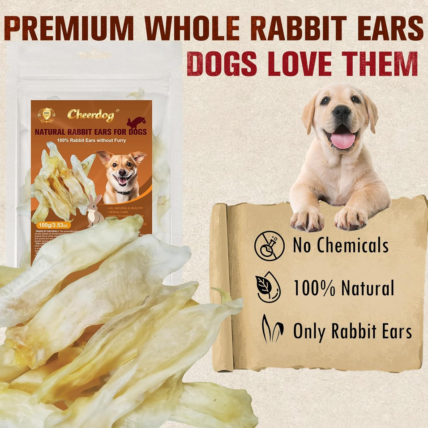 100% Natural Rabbit Ears for Dogs, Thick Cut & All-Natural Whole Ears, 100% Grass Fed Rabbits, Safe Rawhide Alternative Prime Dog Chews