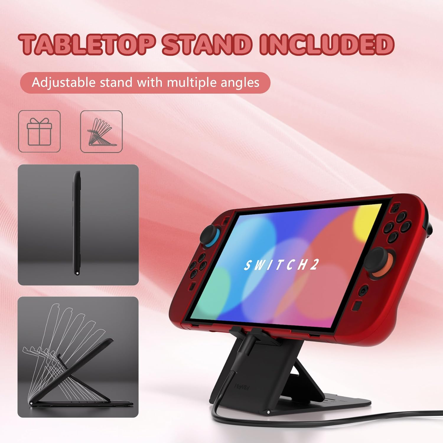 Playvital Hard Case for Nintendo Switch 2 with Extra Stand & Thumb Grip Caps | Split Design, Dockable Protective Full-Body Shell Cover for Nintendo Switch 2 | Solid Color Series, Scarlet Red
