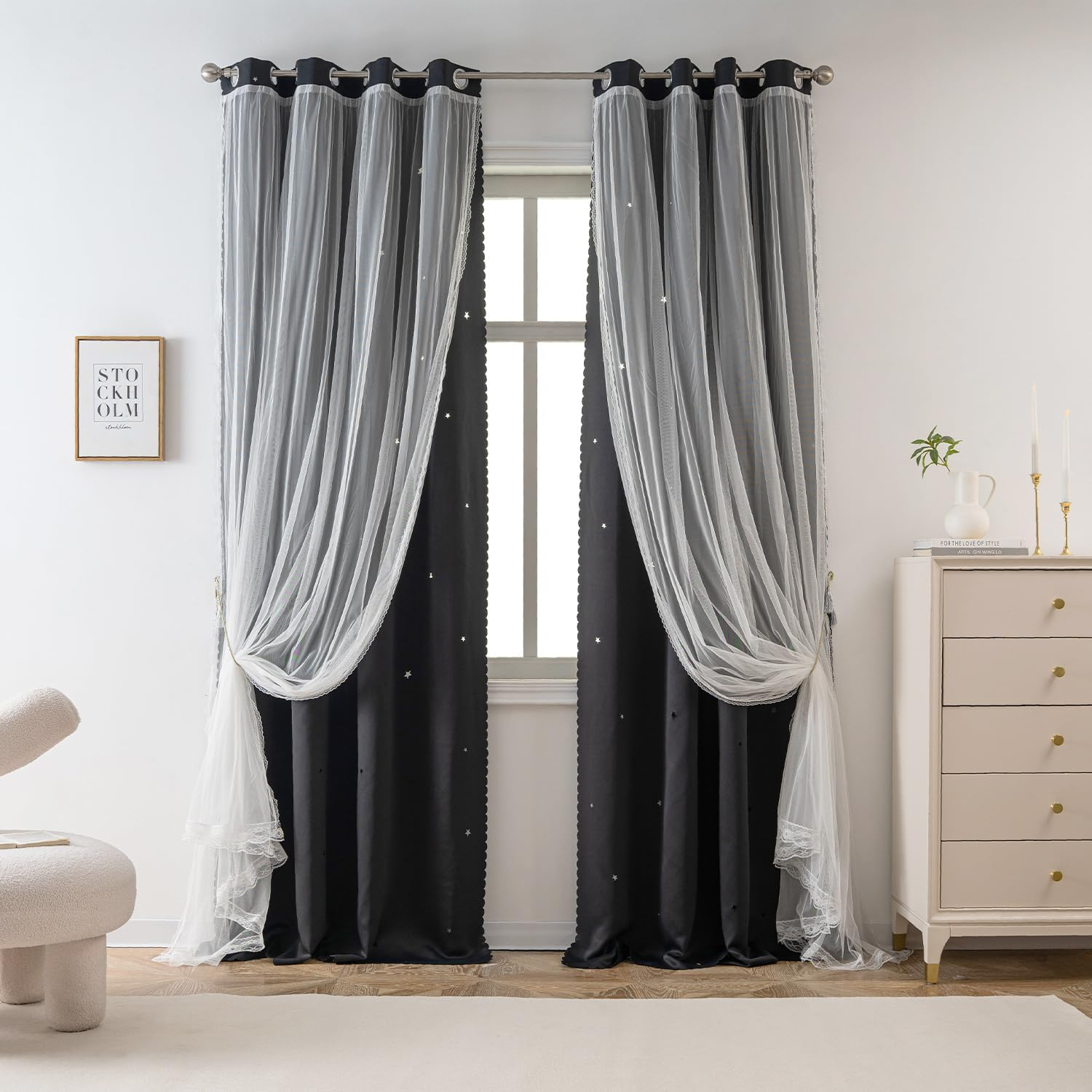 Yancorp Black Curtains for Bedroom Living Room Thermal Insulated Kids Curtain Hollow-Out Star Window Nursery Curtain 63 Inches Length Room Darkening Grommet(Black,52 * 63),1 Panel image number 4