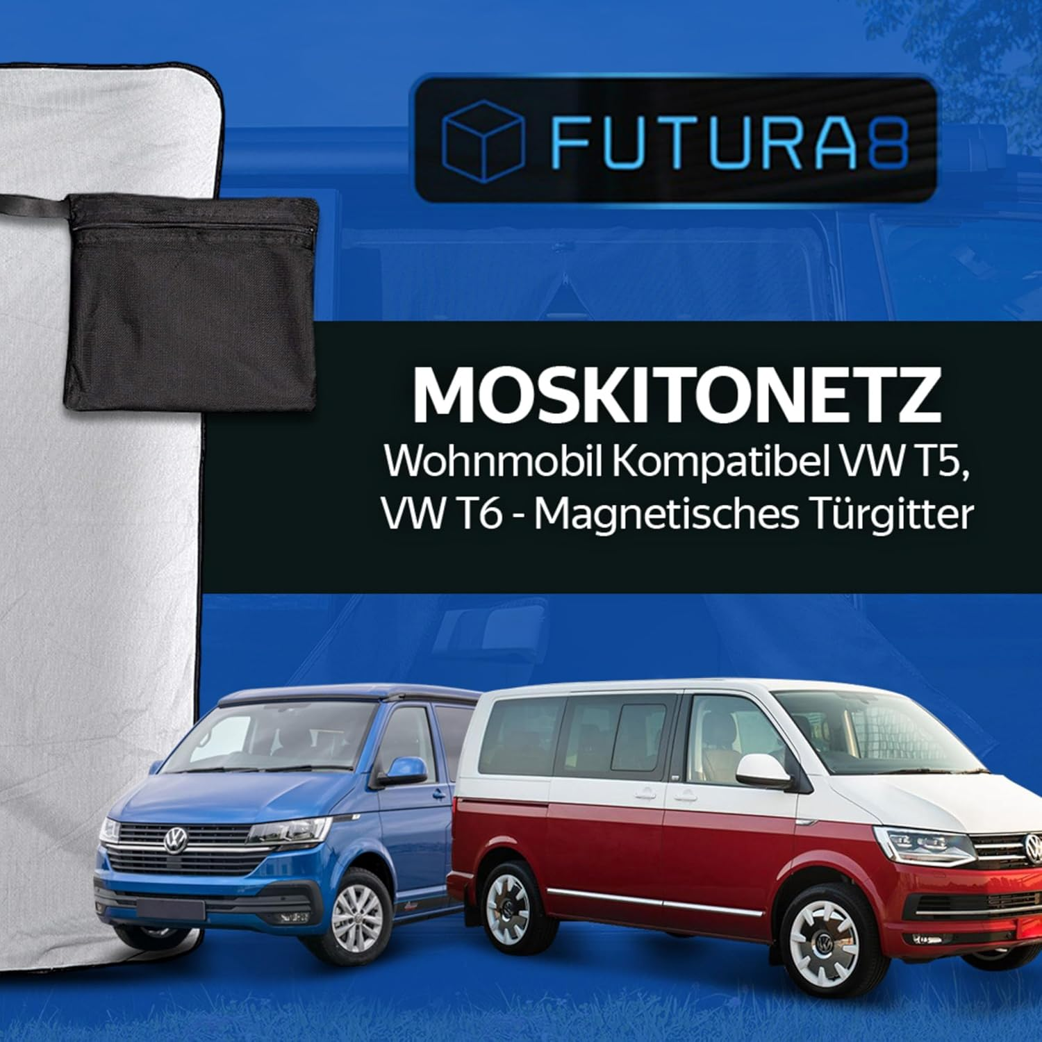 FUTURA8 Mosquito Net Van Camper Compatible VW T5, VW T6 - Magnetic Door Mosquito Net, Camper Van Accessories, Camper Van Accessories, Mosquito Net Curtain Exterior Door, Mosquito Nets