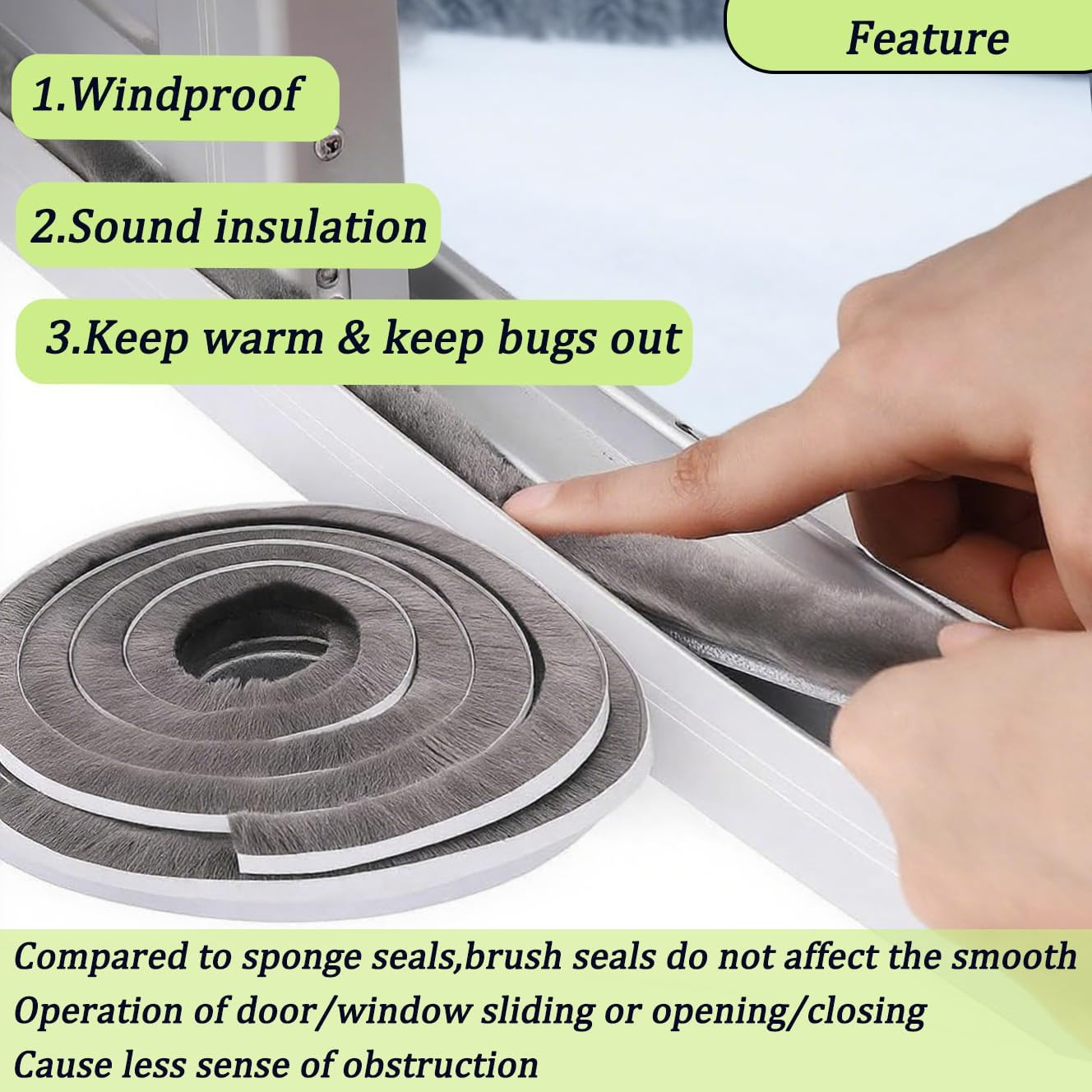 Brush Weather Stripping Door Seal -0.4 Inx0.4Inx33Ft,Effective Weather Stripping for Doors & Windows, Insulation Strip for Gap Filling,Draft Stopper for Exterior Doors, Window Seal,Conditioner image number 2