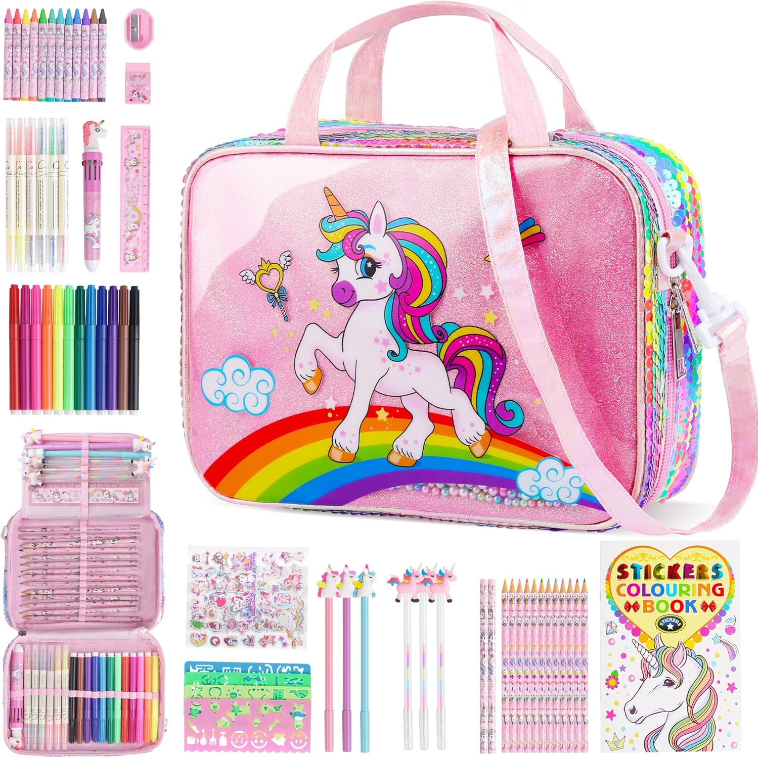 D-Fantix Unicorn Art Supplies Convertible Bag for Girls, 63Pcs Coloring Drawing Set for Kids with Fruit Scented Markers, Portable Travel Activity Kit, Birthday 4 5 6 7 8-12 Year Old Girls image number 5