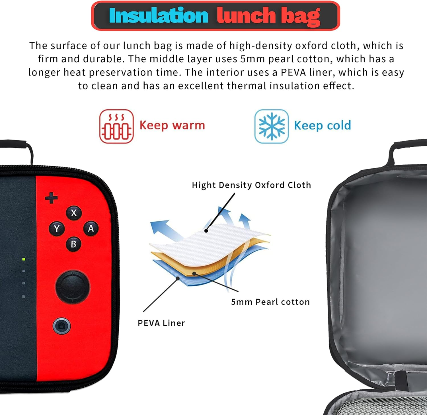 YOZIRIBO Kids Lunch Box Lunch Bag for Boys Girls, Reusable Insulated Game Lunch Boxes Gamer Tote Bag, Leakproof Thermal Cooler Sack Food Handbags High Capacity for School Work Picnic Camping Gifts image number 3