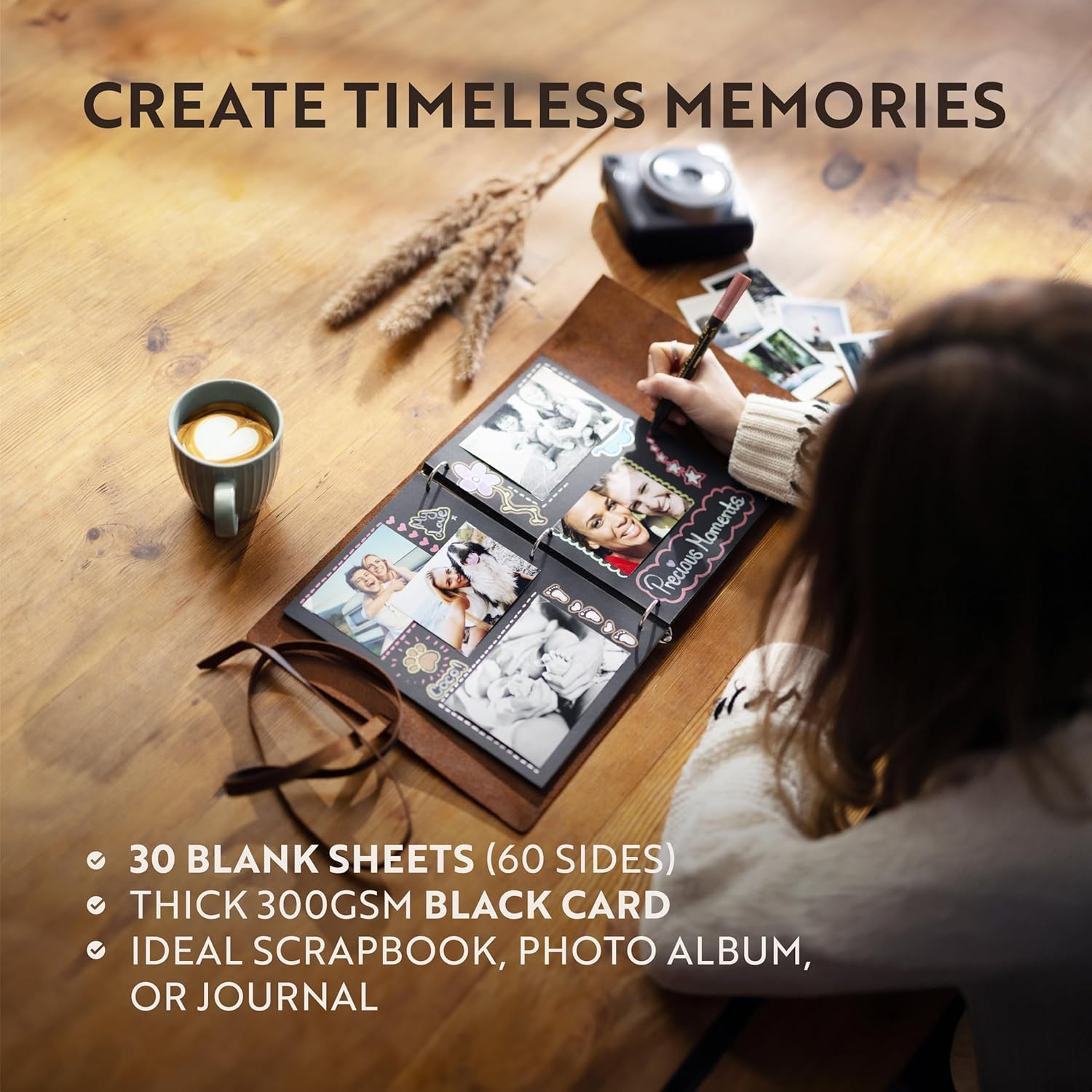 MOONSTER Leather Photo Album Scrap Book &ndash; Handcrafted Full Grain Buffalo Leather Scrapbook and Photo Albums for Photos W/Leather Strap &ndash; Beautiful Handmade Wedding Photo Album Book, Photo Book By image number 2