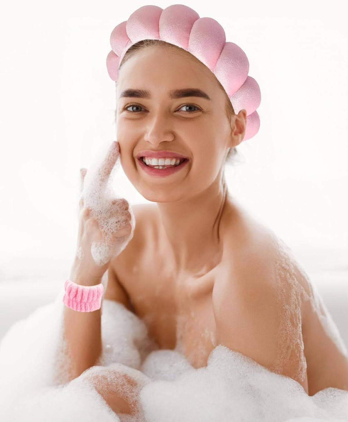 TPZORJX Sponge Headband Bracelet Sets for Washing Face Makeup Headbands for Women Girls Skin Care Removal Spa Yoga Sports Shower Headband Terry Towel Fabric Hair Band - Pink image number 4