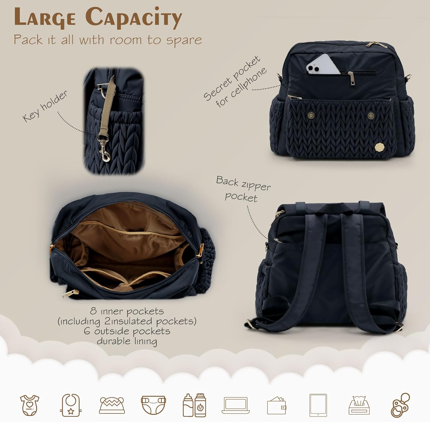 Diaper Bag Backpack Large Capacity Convertible Travel Back Pack Waterproof Baby Bag for Mom and Girl image number 2