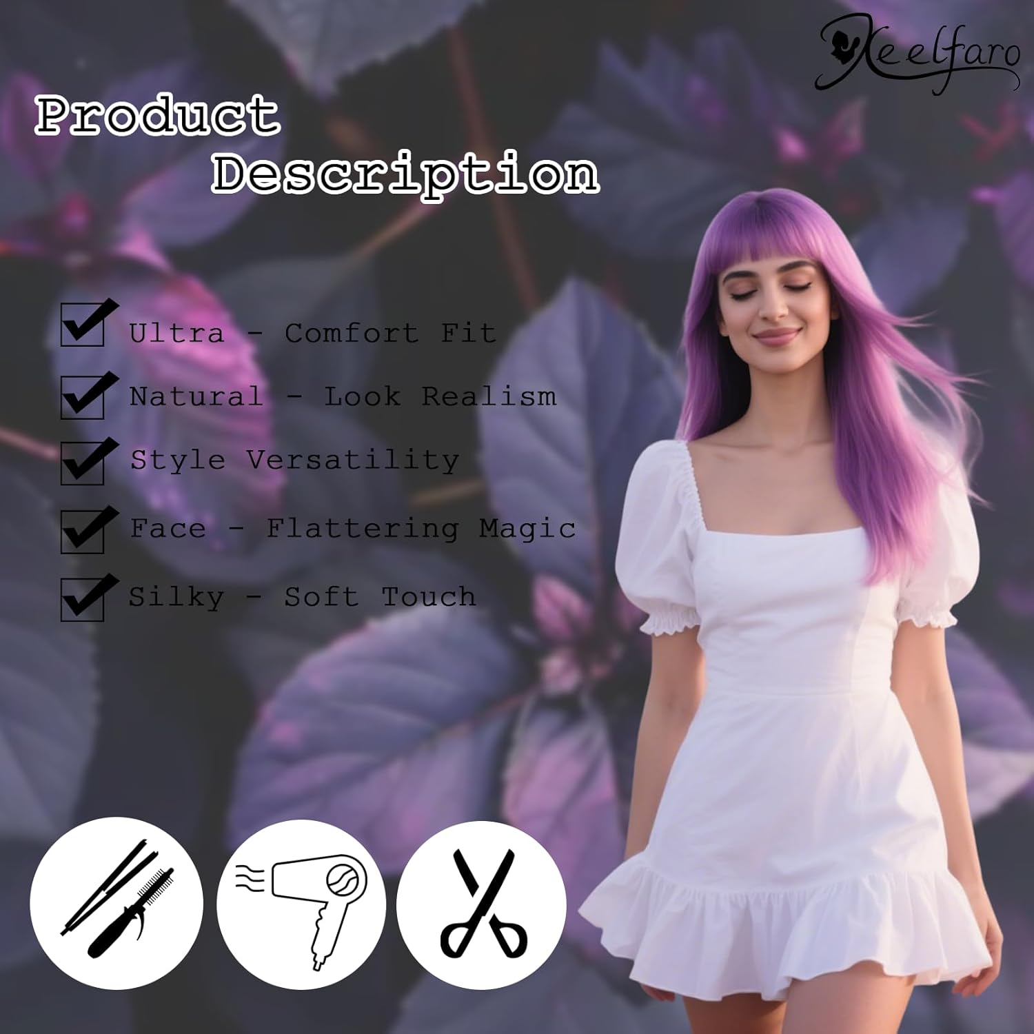 Xeelfaro Bright Purple Pink Natural Straight Bob Wig for Women Full Head with Gentle Fringe & Shoulder-Length Style, Silky Smooth Wig for Fashion Exhibitions Casual Meetups (Bright Purple Pink, 16Inch) - Brown image number 3