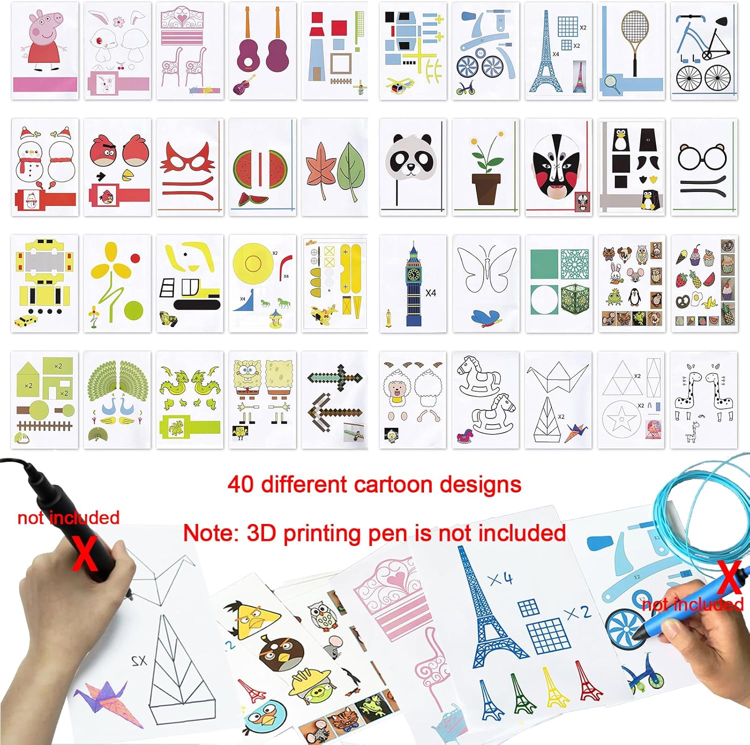 3D Printing Drawing Book 40 Different Cartoon Designs 3D Drawing Books for 3D Printing Pen for Kid 3D Pendiy Gift 3D Pen Stencils Templates image number 4