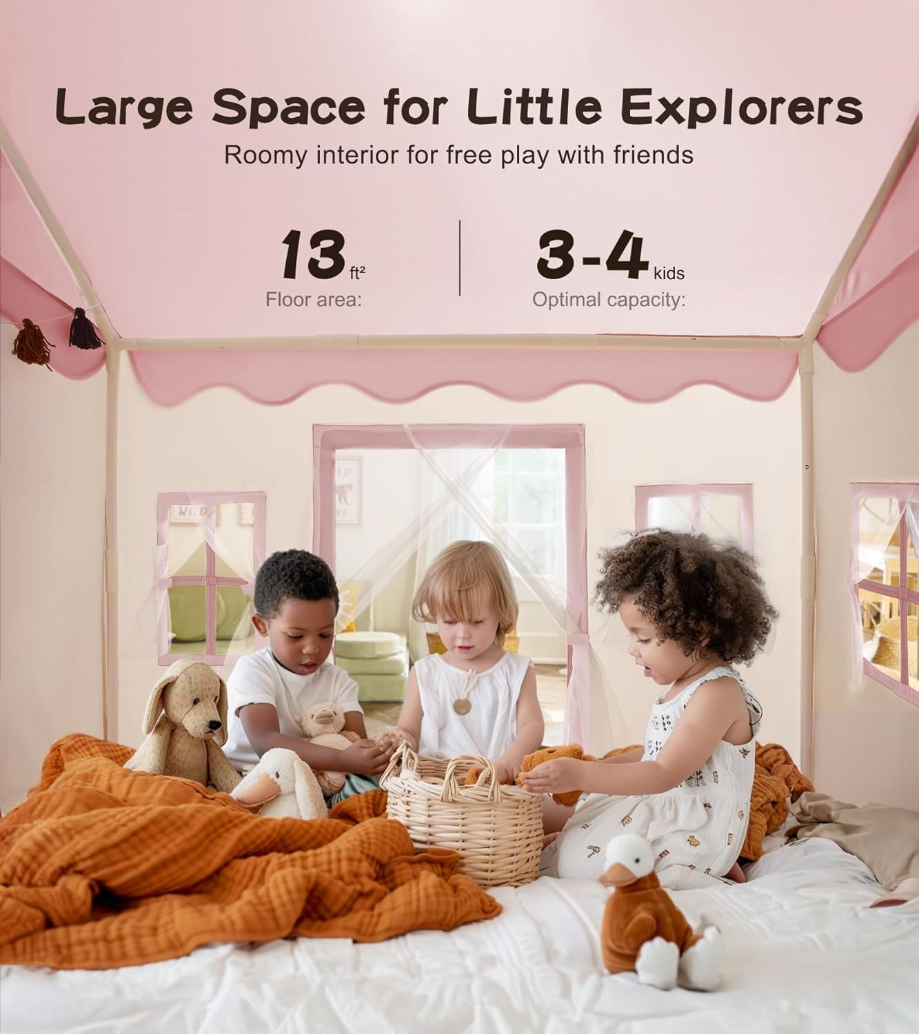 Large Kids Play Tent with Mat, Play Tent Indoor with Star Lights, Flag and Windows, Playhouse for Boys and Girls Aged 3, Kid Tent with Mat Washable (Pink) image number 2