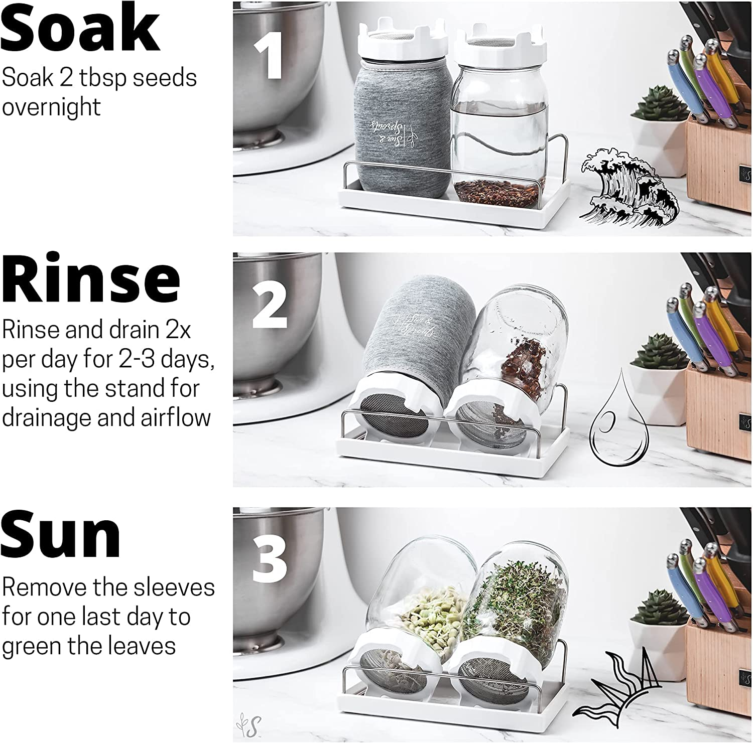 Sun & Sprouts Complete Sprouting Kit - 2 Large Wide-Mouth Mason Jars, Premium Screen Lids, Blackout Sleeves, Tray and Sprouter Stand - for Growing Broccoli, Mung Bean, Alfalfa Sprout from Seed