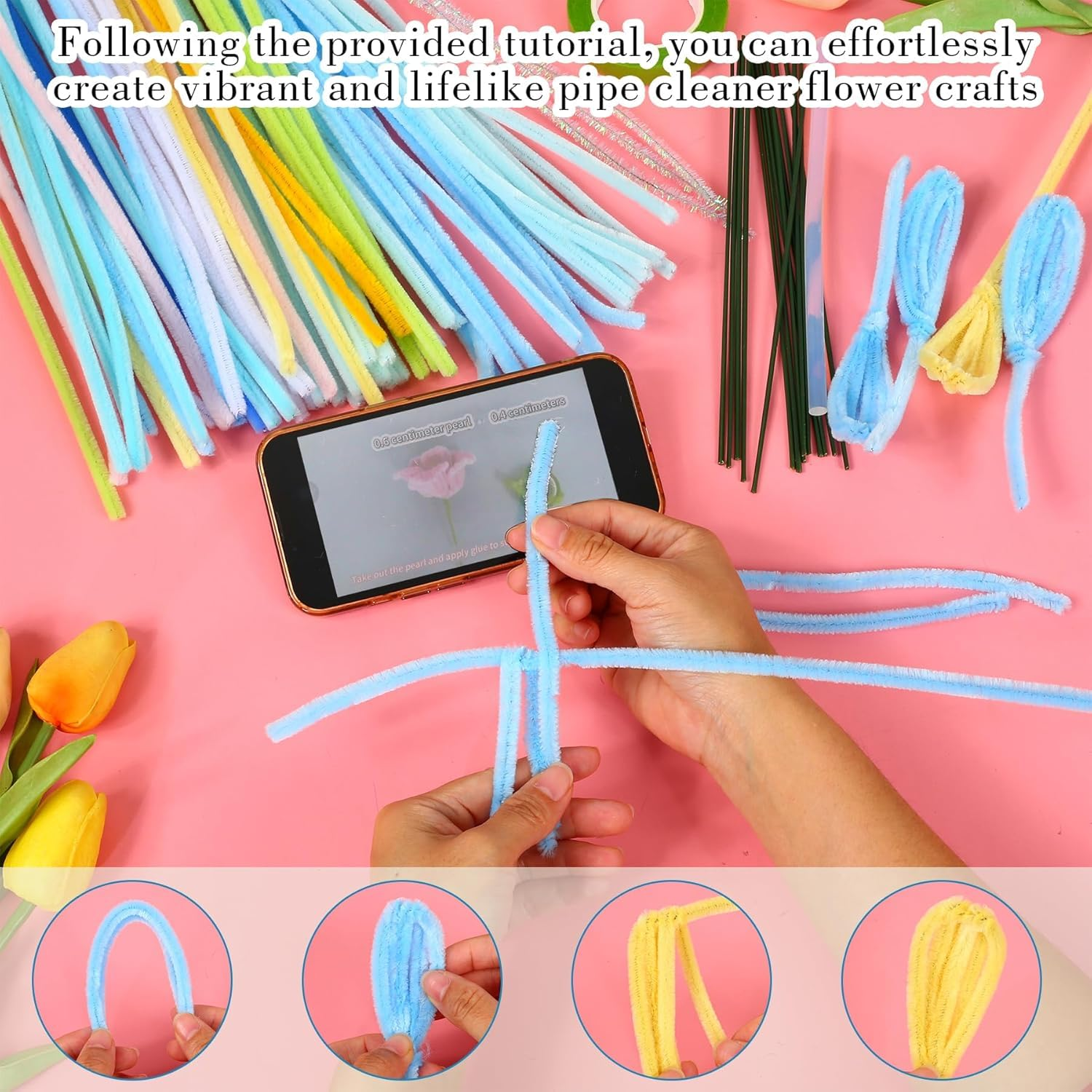 Pipe Cleaners Craft, Flower Making Set, Thick & Durable Chenille Stems Fuzzy Sticks Craft Supplies Pipe Cleaners for DIY Art and Craft Creative image number 1