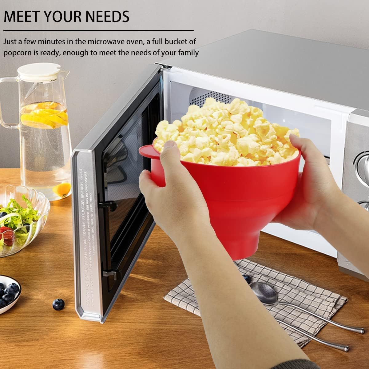 Silicone Popcorn Maker, Collapsible Popcorn Bowl with Lid and Handle, Dishwasher Safe Silicone Bucket, Heated Popcorn Maker, BPA Free, Great for Parties and Movie Nights (Red) image number 3