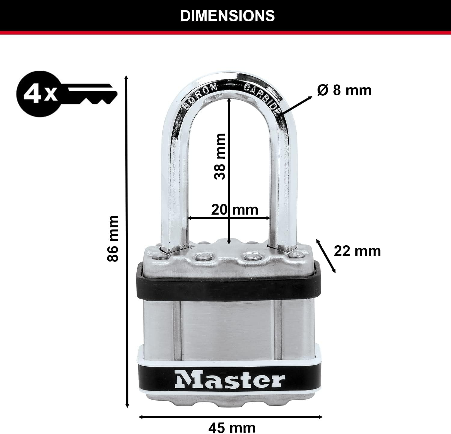 Master Lock Excell Heavy Duty Padlock with Key and 38Mm Long Shackle - Stainless Steel Laminated Body - 44 Mm Size Lock for Storage Locker, Fence Lock and Gate Lock image number 1