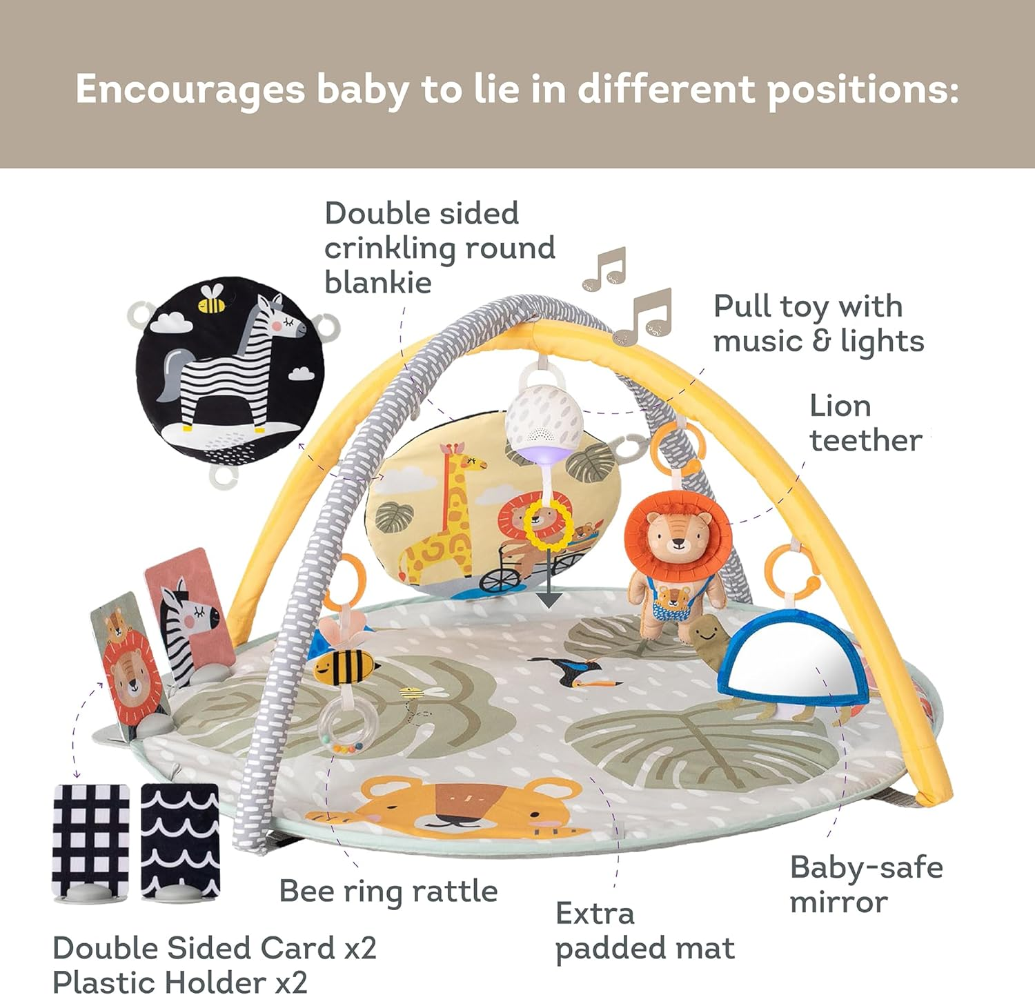 Taf Toys Savannah 360&deg; Activity Gym with Music & Light & 20 Playful Activities, Thickly Padded with Soft Mat and a Unique &ldquo;Crinkle Toy&rdquo; for a Variety of Body Positioning for Newborn and Up image number 4