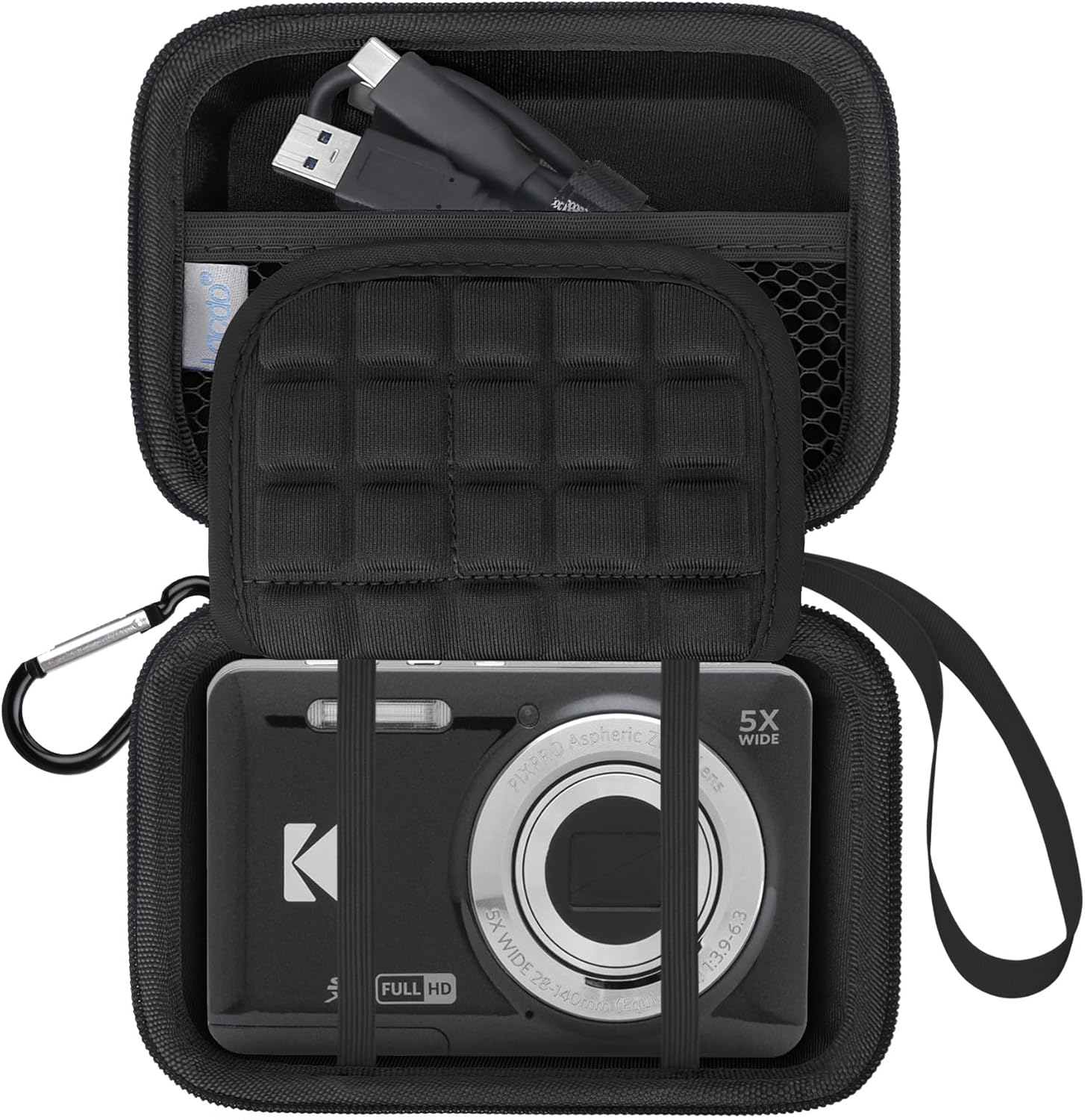 Lacdo Digital Camera Carrying Case for Kodak PIXPRO FZ55 / FZ45 / FZ53 / FZ43 16MP Vlogging Camera Storage Trave Bag, Mesh Bag Fits Batteries, Cable, Memory Card, Card Reader, Black+Gray