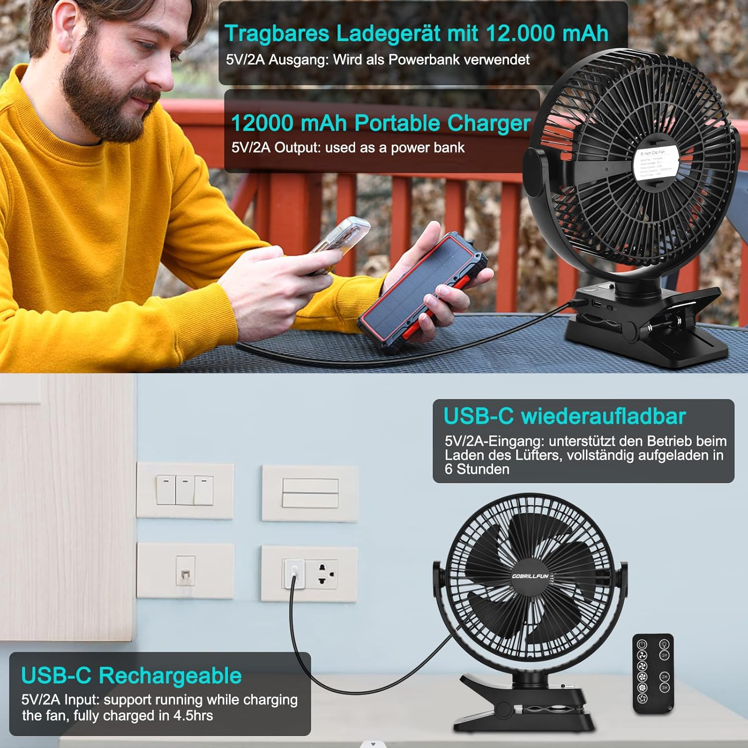 GOBRILLFUN 8.3 Inch 12000Mah Clip Fan with Remote Control, USB Rechargeable with LED Lights, 5 Speed Fan with Battery Operated for Office, Outdoor Travel, Camping, Tent image number 1