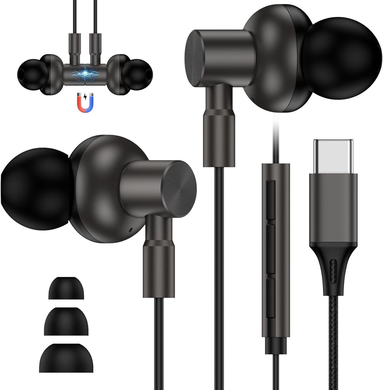 In-Ear Headphones with Cable USB C for Iphone 17 17Pro 16 16E 15 Pro Max Plus, USB C Headphones with Cable Magnetic Headset Type C Earphones for Samsung Galaxy A36 5G A17 A16 A56 A55 S25 Ultra S24 S23