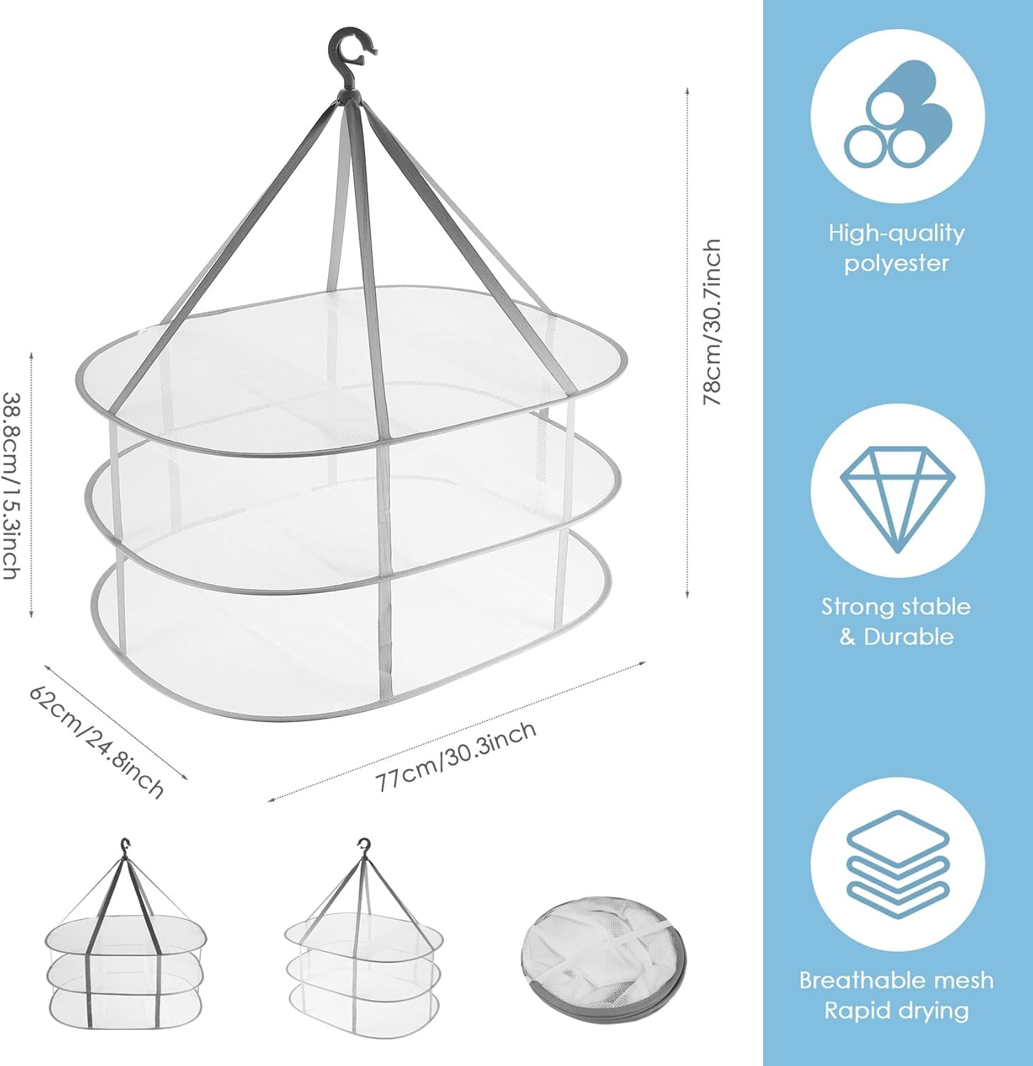 Qeunrtiy 3-Tier Sweater Drying Rack Hanging Clothes Hanging Dryer Laundry Mesh Drying Rack, Foldable Clothing Dryer Racks image number 1