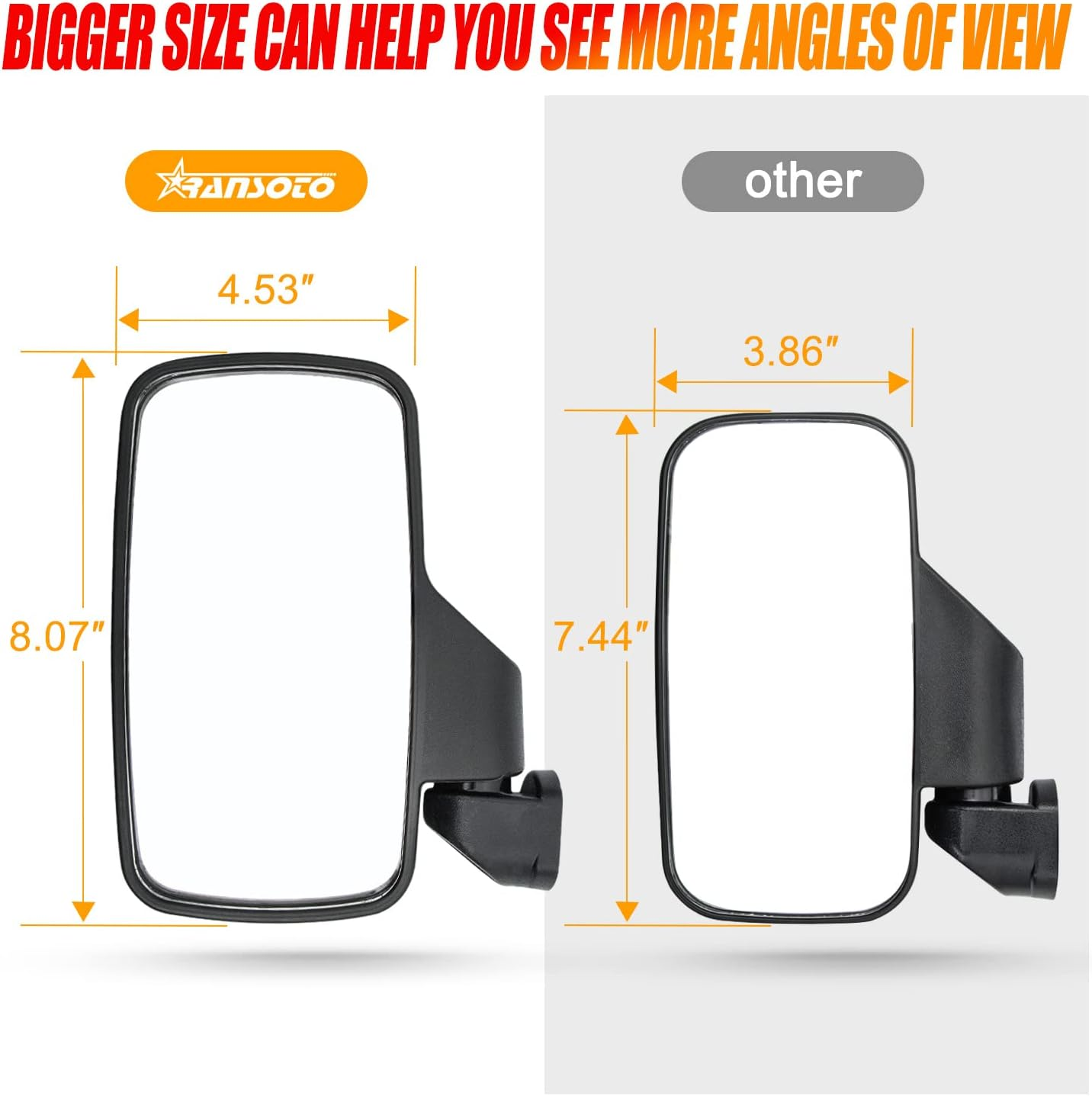 RANSOTO Ranger Side Mirrors, UTV Rear View Mirror Compatible with Polaris Ranger XP 500, 570, 900, 1000, Ranger Diesel, ETX/EV, General 1000, Can-Am Defender, Maverick Trail image number 3