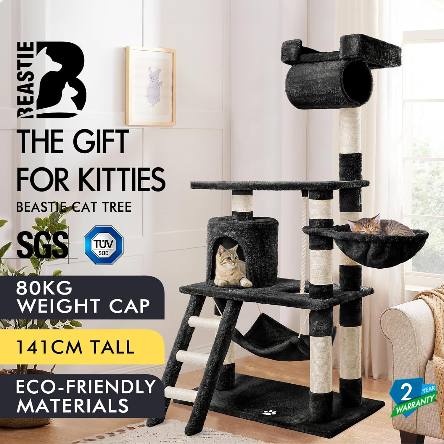 BEASTIE Cat Tree 141Cm Tall, Multi-Level Wood Scratching Post Tower with Scratcher Pole Condo House for Furniture Protecting, Black Colour - Grey image number 4