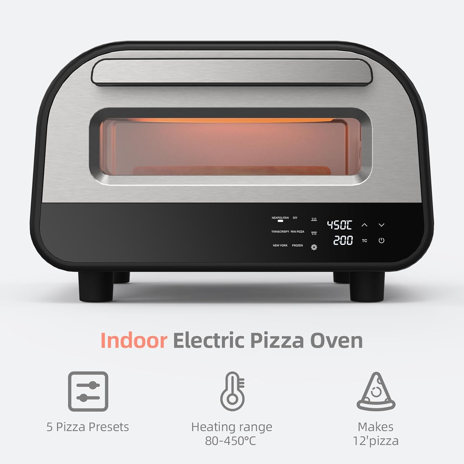 PAYISHO Indoor Pizza Oven Smart Touch Screen, 12" Countertop Pizza Oven Electric Pizza Maker with Pizza Stone & Cutter, 6 Pizza Presets, Heats up to 450℃, Makes Pizzas in 2 Min,Cooker for Home,Au PLUG image number 3