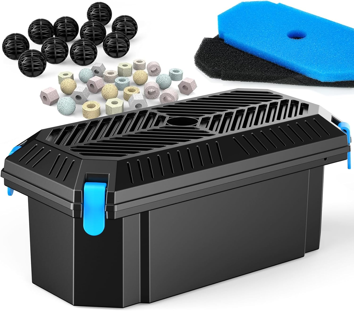 POPOSOAP Pond Filter for Outdoor Ponds, Filter Box with 2 Filter Pads and 20 Bio-Balls for Outdoor Pond Pump Submersible Fountain Pump image number 6