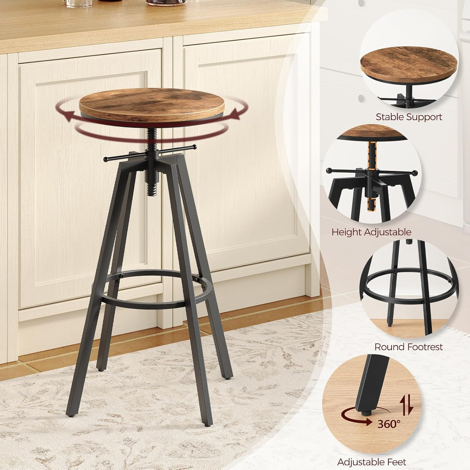 MAHANCRIS Bar Stools, Height Adjustable Swivel Bar Stool, Counter Height Bar Stool, Set of 2 Industrial Bar Stools, Vintage round Bar Chairs with Sturdy Metal Frame, Rustic Brown BAHR0701 image number 5