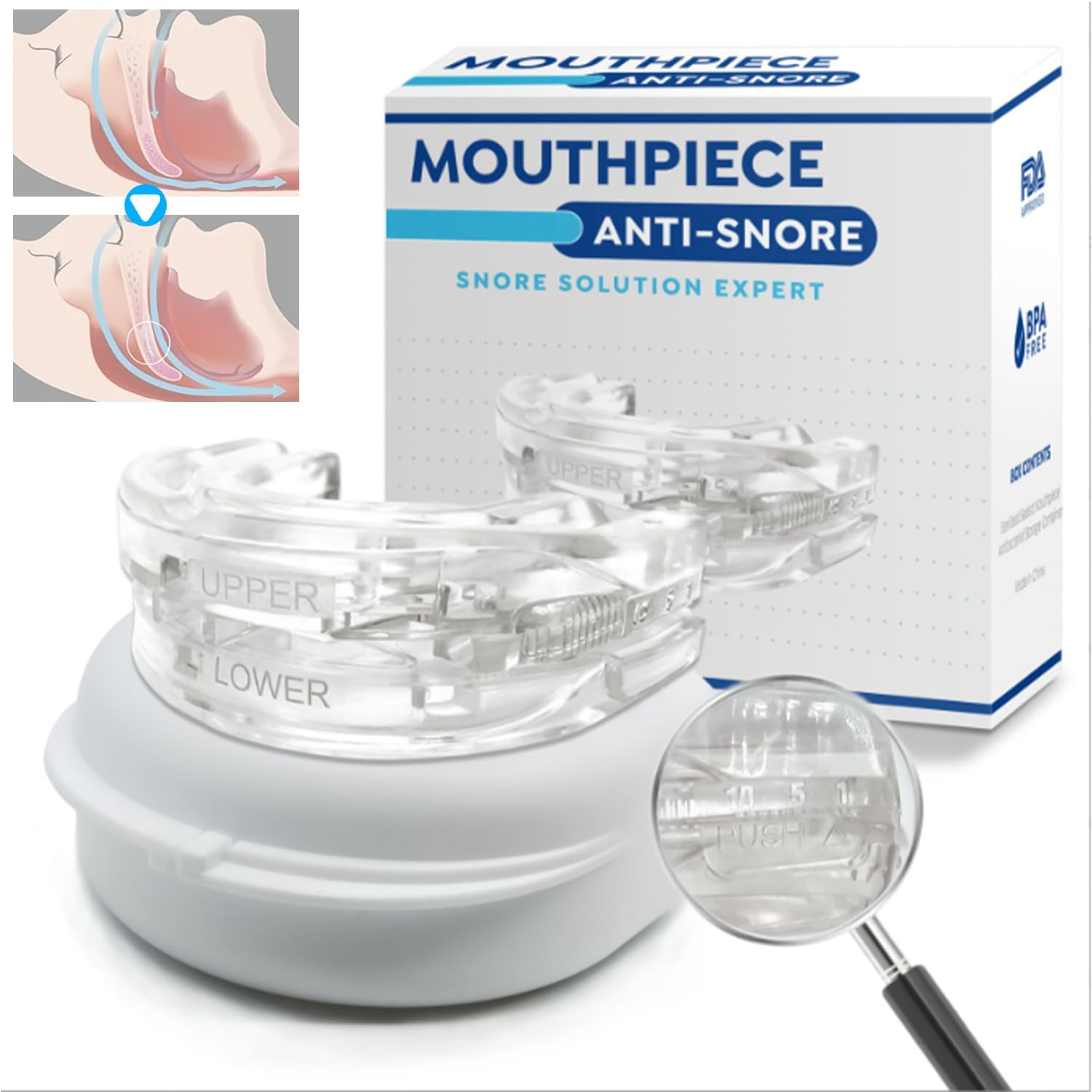 Necomi anti Snoring Mouthpiece,Anti Molar Sleep Protector,Adjustable Sleep Easy anti Snoring Device, Suitable for Men/Women anti Snoring Masks,Equipped with a Portable Storage Box(White) image number 1