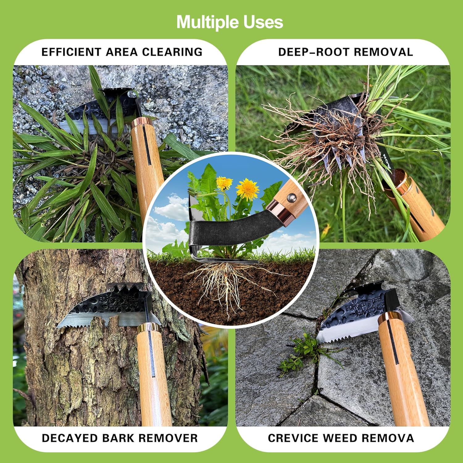 AON All-Purpose Japanese Weeding Sickle & Razor Hand Hoe, Forged Steel Weed Puller Tool with Sharp Edge & 4-Tine for Digging, Weeding, Uprooting in Vegetable Gardening, Backyard or Raised Garden Beds image number 2