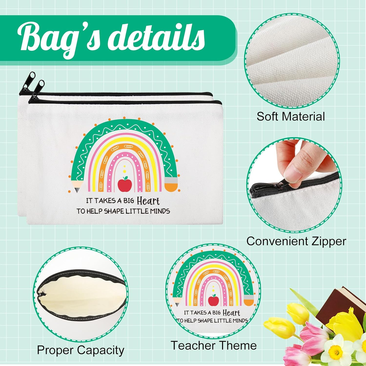 Saintrygo 20 Pieces Teacher Gifts Makeup Bags Bulk Canvas Survival Kit Cosmetic Bag Zippered Pencil Case Appreciation Gifts Travel Toiletry Pouch for Graduation Teachers Day, Multicolor, Rainbow image number 3