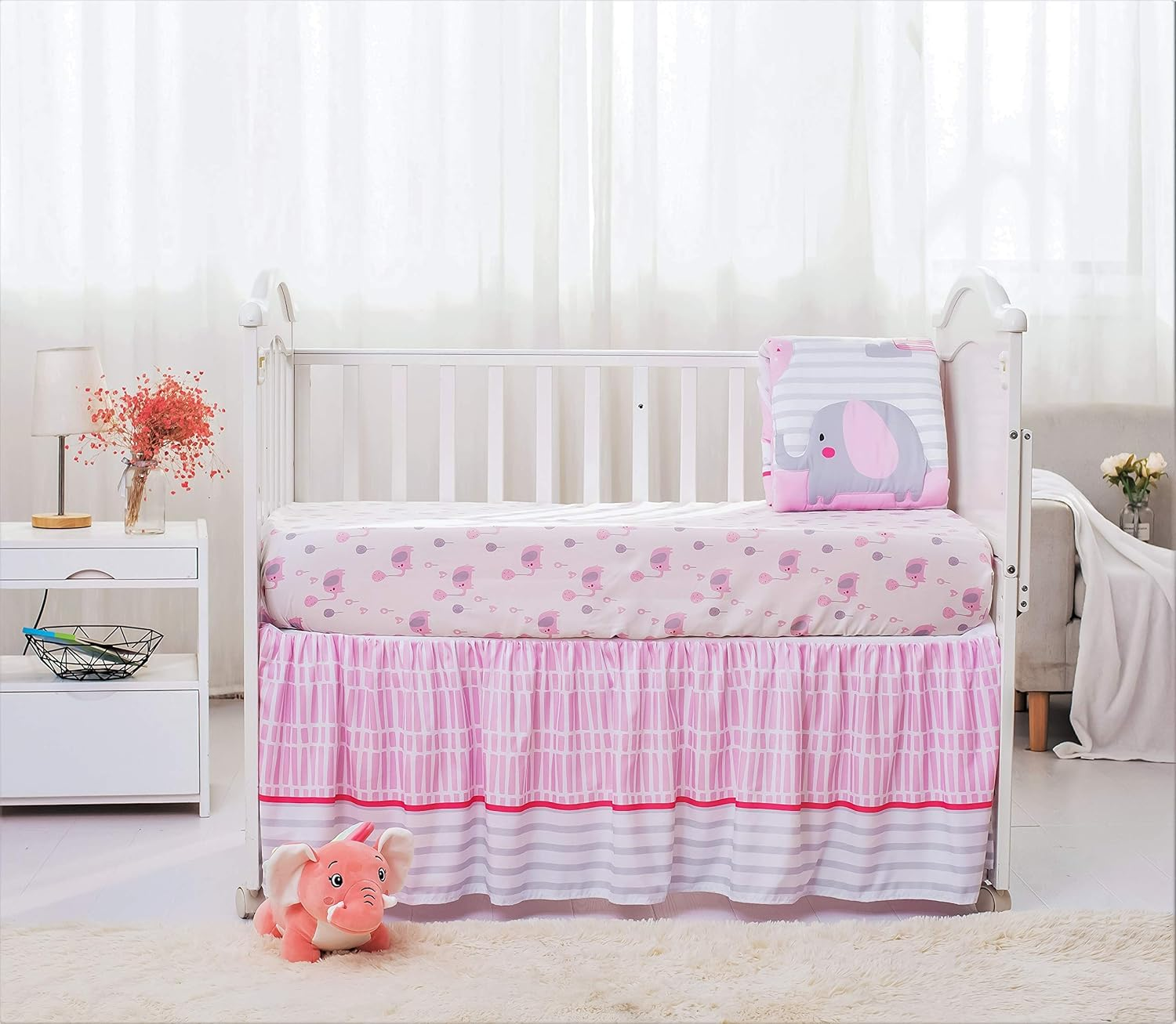 La Premura Baby Elephant Nursery Crib Bedding Set for Girls &ndash; Pink Elephant & Love Balloons 3 Piece Standard Size Crib Set, Pink & Gray&hellip; image number 1